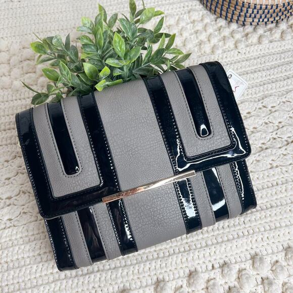 BIG BUDDHA Women's Gray Temple Black Patent Leather Chain Strap Handbag NWT - Picture 3 of 13